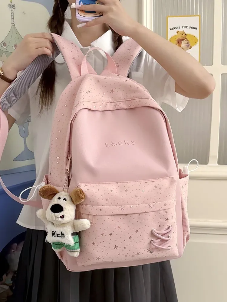 Tas Ransel Wanita Bahan Nylon Motif Bintang Warna Biru Bentuk Kotak Tali Serut Grosir Import