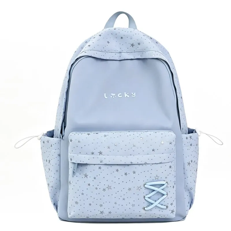 Tas Ransel Wanita Bahan Nylon Motif Bintang Warna Biru Bentuk Kotak Tali Serut Grosir Import