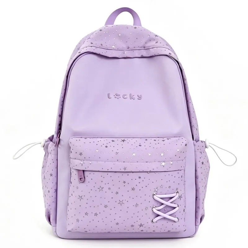 Tas Ransel Wanita Bahan Nylon Motif Bintang Warna Biru Bentuk Kotak Tali Serut Grosir Import