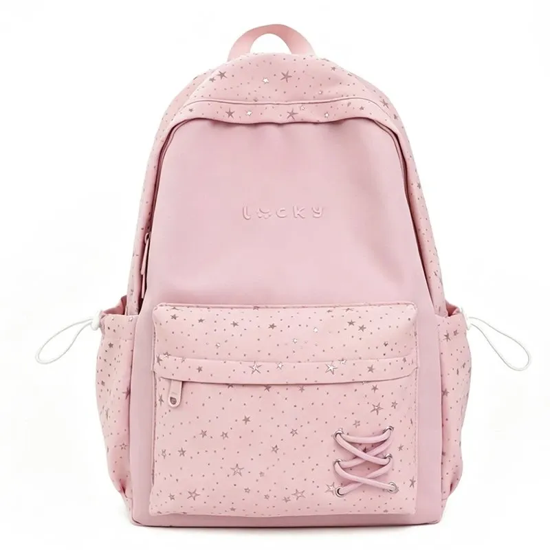 Tas Ransel Wanita Bahan Nylon Motif Bintang Warna Biru Bentuk Kotak Tali Serut Grosir Import
