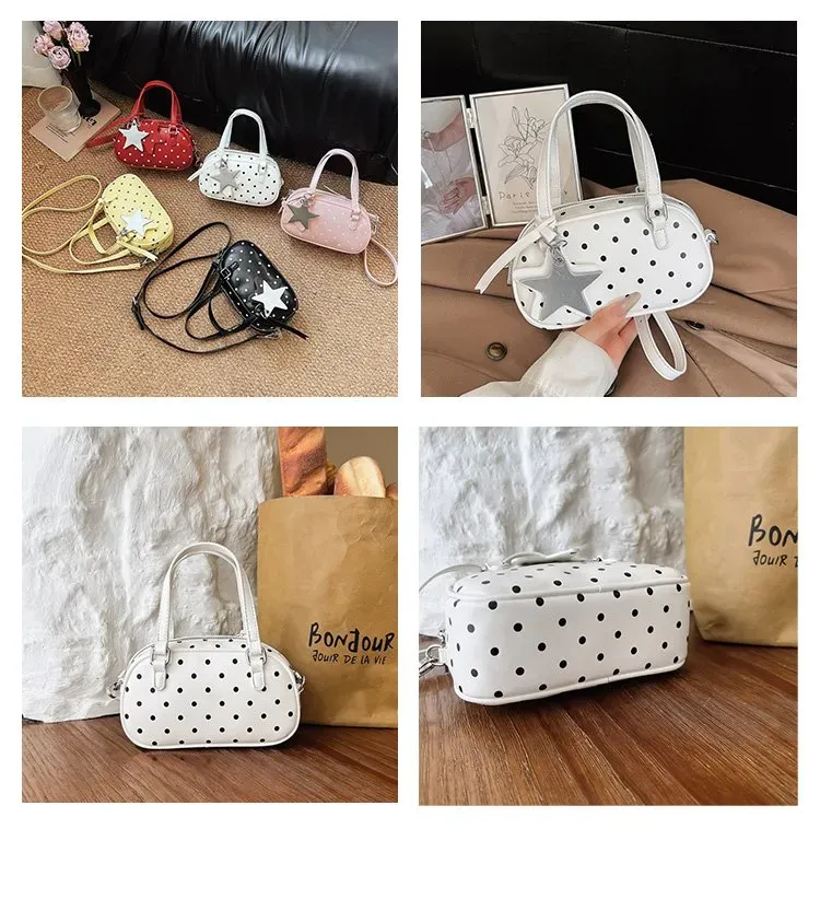 Tas Selempang Wanita Bahan PU Sintetis Motif Polkadot Warna Putih Bentuk Bulat
