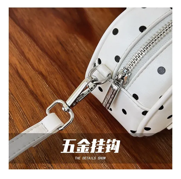 Tas Selempang Wanita Bahan PU Sintetis Motif Polkadot Warna Putih Bentuk Bulat