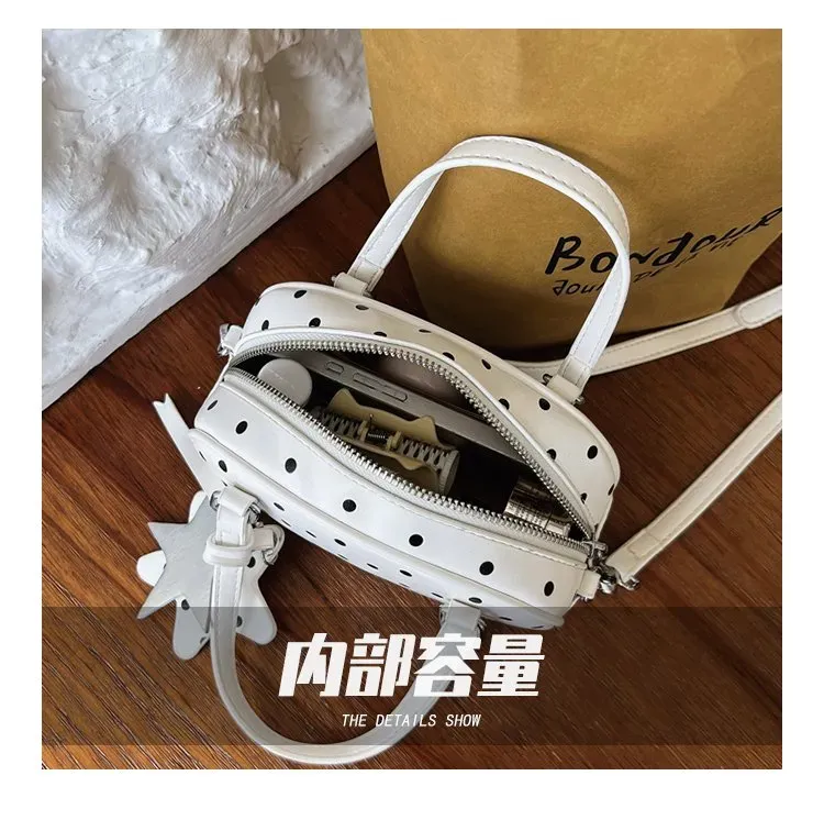 Tas Selempang Wanita Bahan PU Sintetis Motif Polkadot Warna Putih Bentuk Bulat