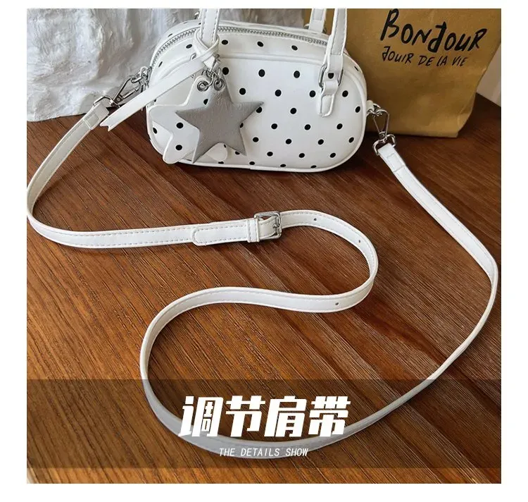 Tas Selempang Wanita Bahan PU Sintetis Motif Polkadot Warna Putih Bentuk Bulat