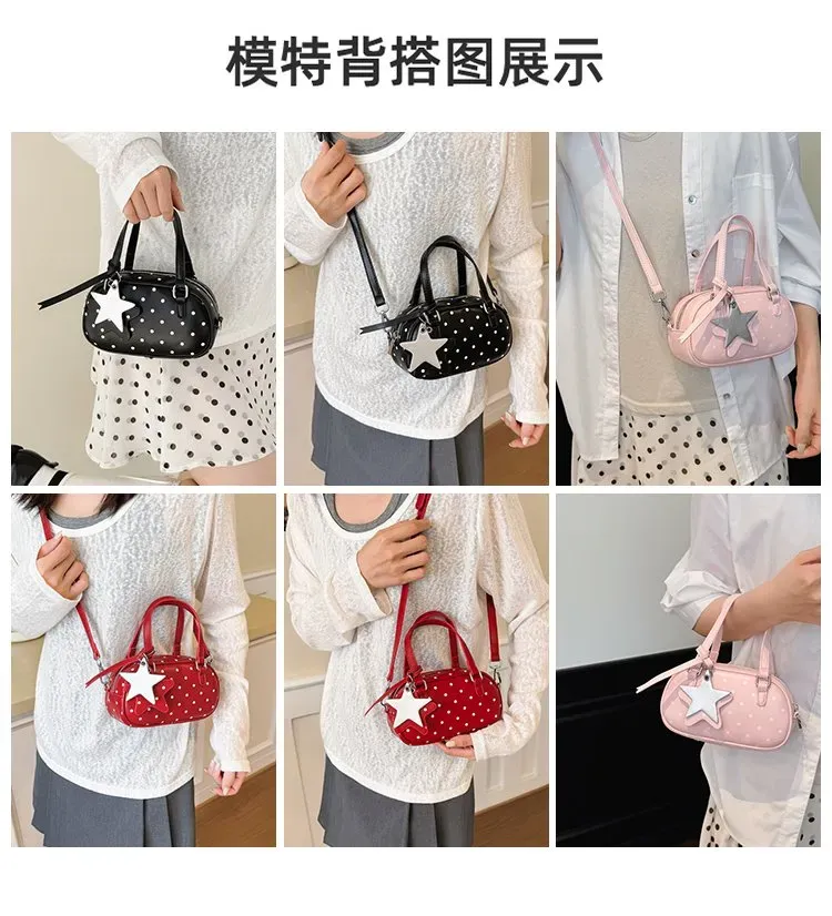 Tas Selempang Wanita Bahan PU Sintetis Motif Polkadot Warna Putih Bentuk Bulat