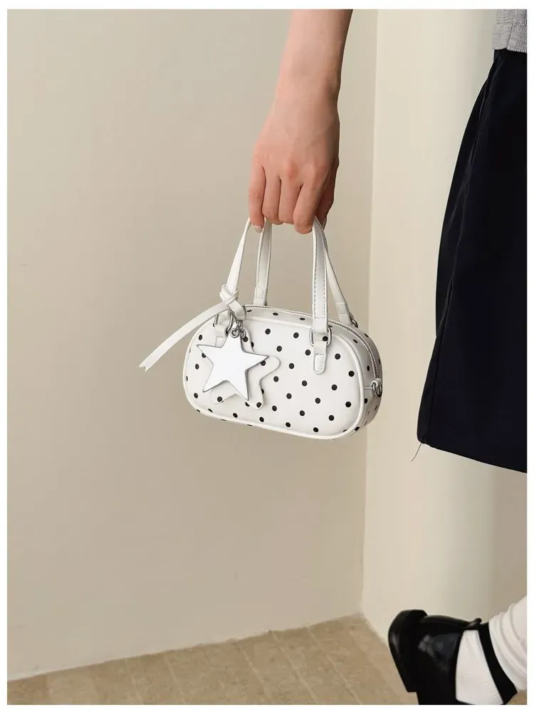 Tas Selempang Wanita Bahan PU Sintetis Motif Polkadot Warna Putih Bentuk Bulat