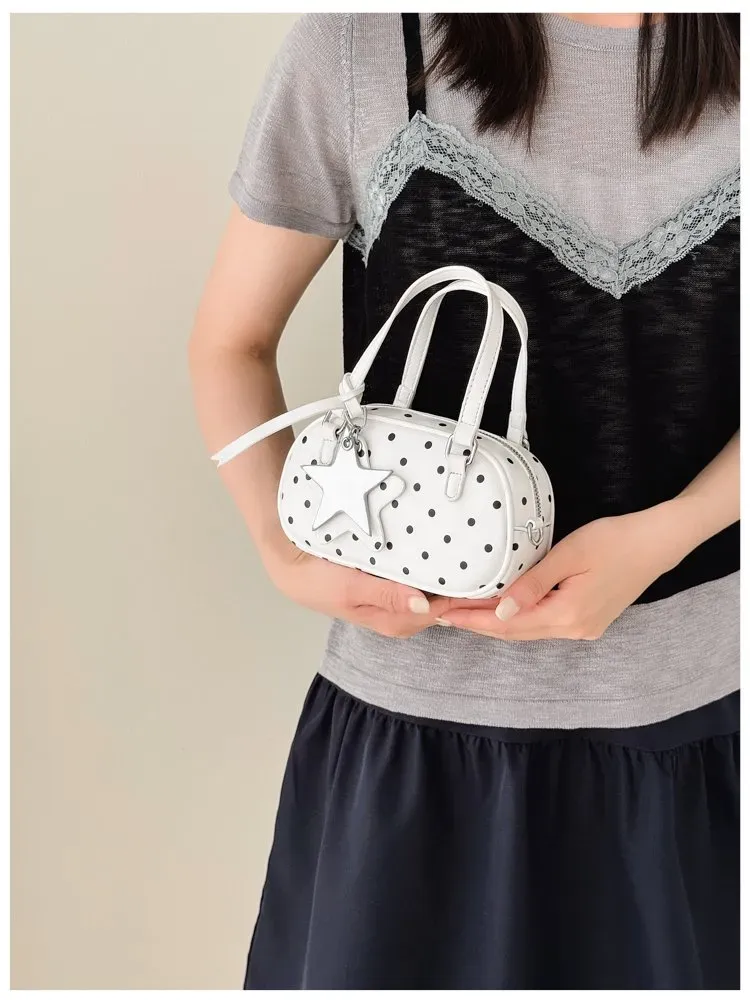 Tas Selempang Wanita Bahan PU Sintetis Motif Polkadot Warna Putih Bentuk Bulat