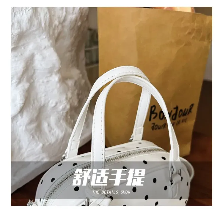 Tas Selempang Wanita Bahan PU Sintetis Motif Polkadot Warna Putih Bentuk Bulat
