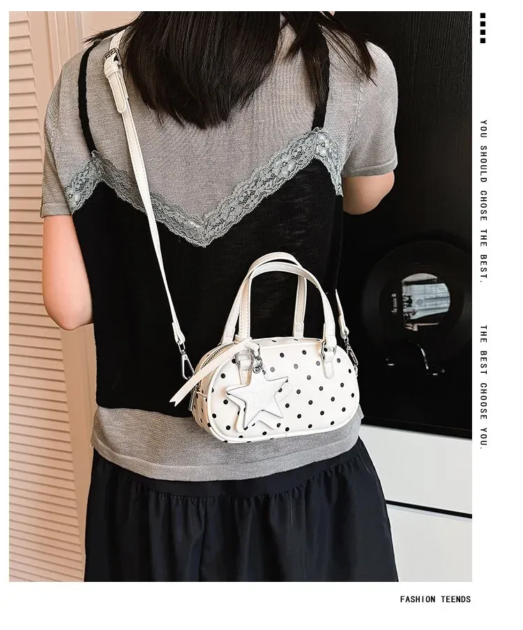 Tas Selempang Wanita Bahan PU Sintetis Motif Polkadot Warna Putih Bentuk Bulat