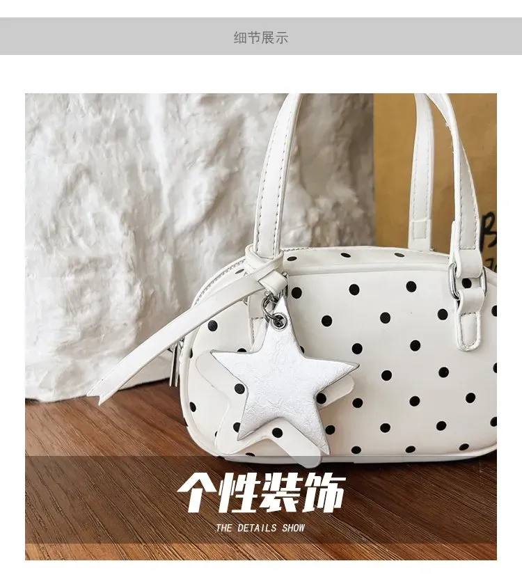 Tas Selempang Wanita Bahan PU Sintetis Motif Polkadot Warna Putih Bentuk Bulat