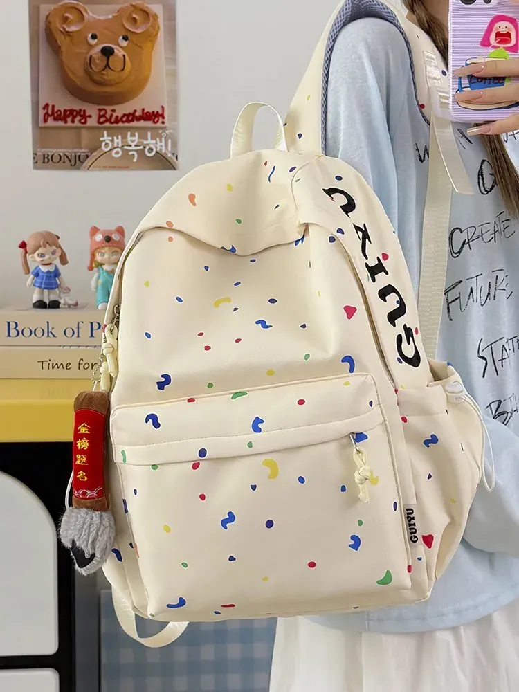 Tas Ransel Wanita Bahan Nylon Motif Print Warna Putih Bentuk Kotak Tali Panjang Resleting