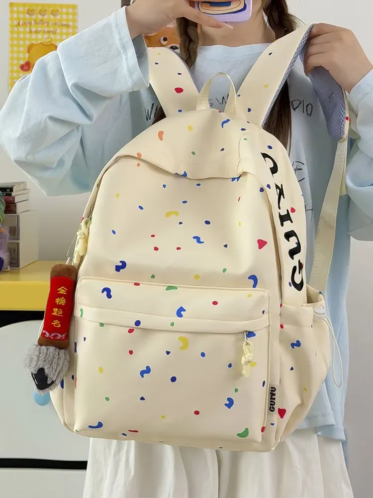 Tas Ransel Wanita Bahan Nylon Motif Print Warna Putih Bentuk Kotak Tali Panjang Resleting