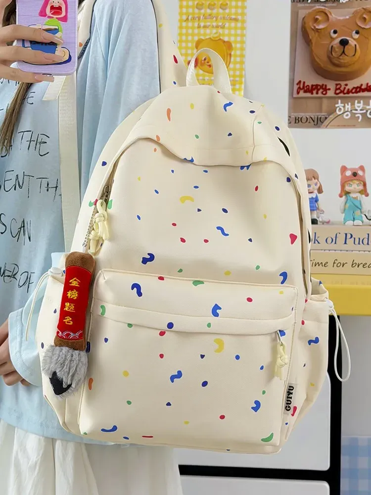 Tas Ransel Wanita Bahan Nylon Motif Print Warna Putih Bentuk Kotak Tali Panjang Resleting