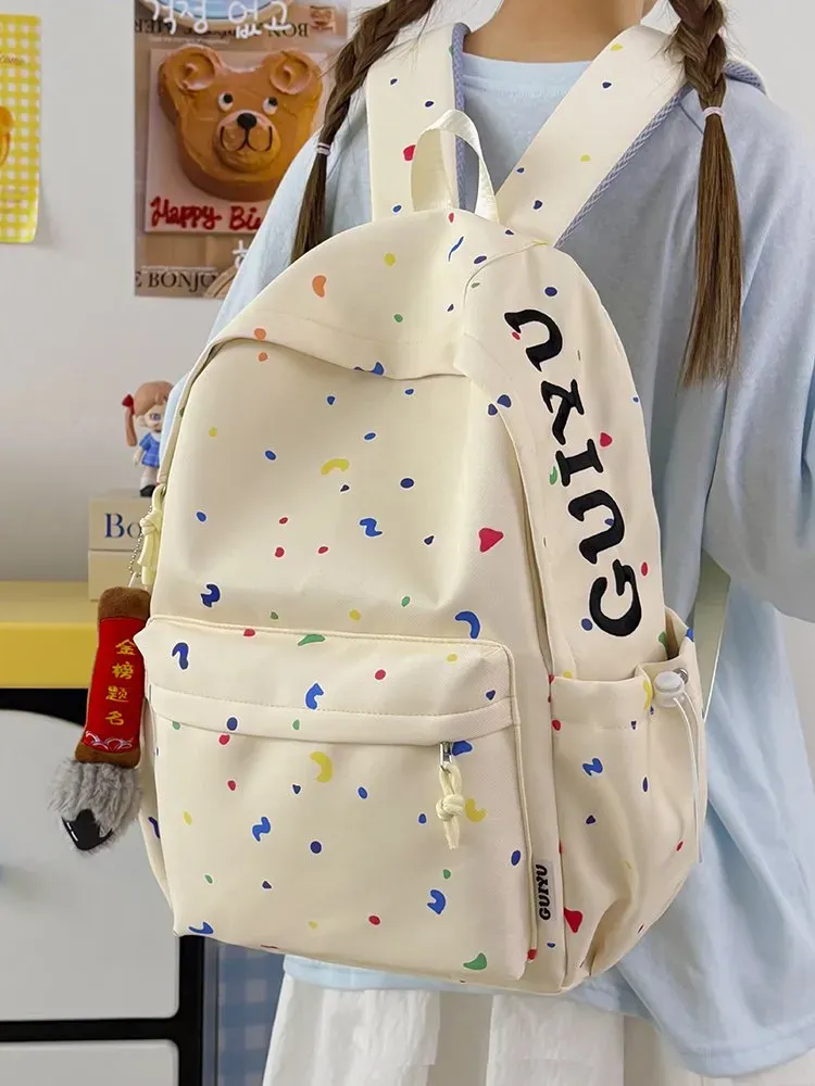 Tas Ransel Wanita Bahan Nylon Motif Print Warna Putih Bentuk Kotak Tali Panjang Resleting