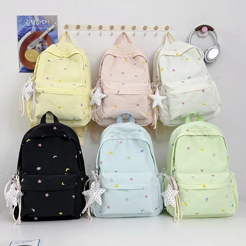 Tas Ransel Wanita Bahan Nylon Motif Print Warna Hitam Bentuk Kotak Tali Lebar Bahan Kanvas