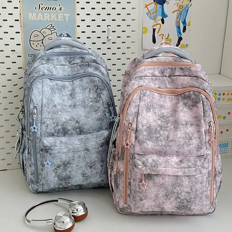 Tas Ransel Wanita Bahan Nylon Motif Bintang Warna Putih Bentuk Kotak Tali Grosir Import