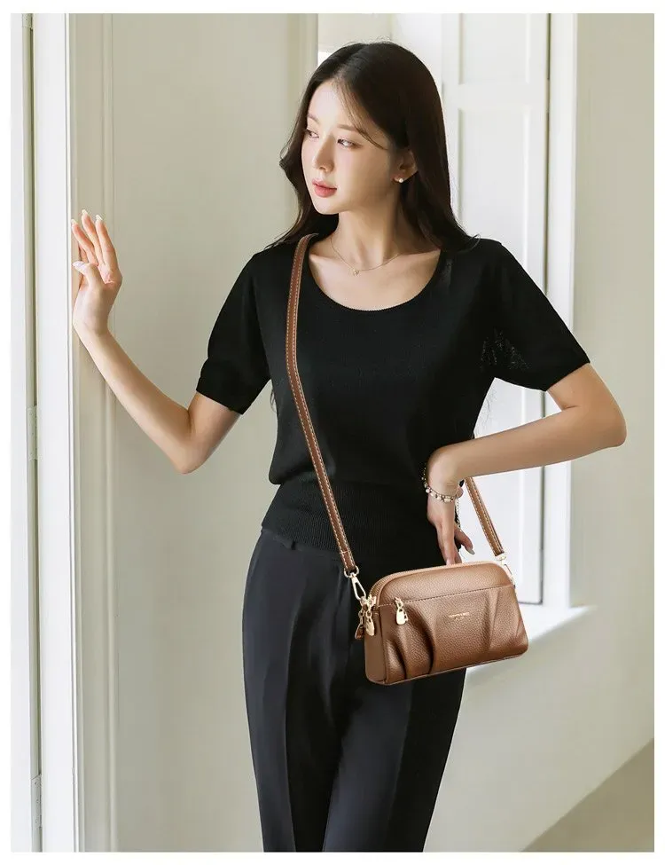 Tas Selempang Wanita Bahan PU Sintetis Polos Warna Hitam Bentuk Kotak Tali Resleting Grosir