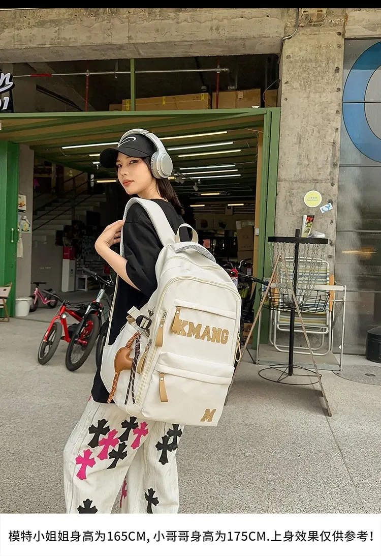Tas Ransel Wanita Bahan Nylon Motif Print Warna Hitam Bentuk Kotak Tali Lebar untuk Toko Online