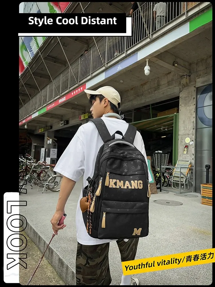 Tas Ransel Wanita Bahan Nylon Motif Print Warna Hitam Bentuk Kotak Tali Lebar untuk Toko Online