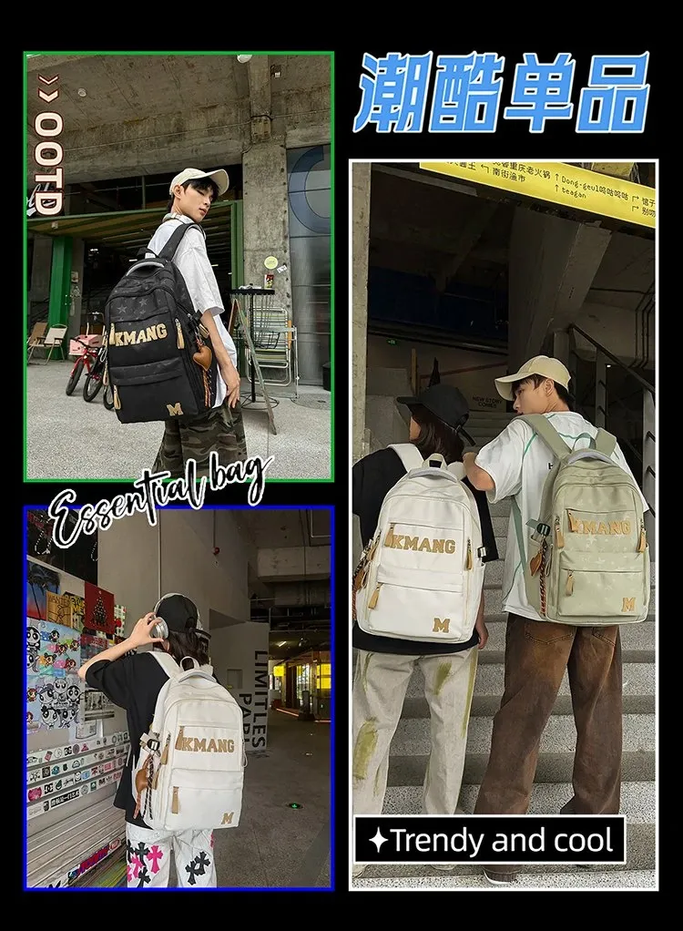 Tas Ransel Wanita Bahan Nylon Motif Print Warna Hitam Bentuk Kotak Tali Lebar untuk Toko Online
