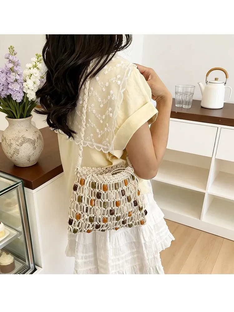 Tas Selempang Wanita Bahan PU Sintetis Motif Print Warna Beige Bentuk Kotak Tali Grosir Import