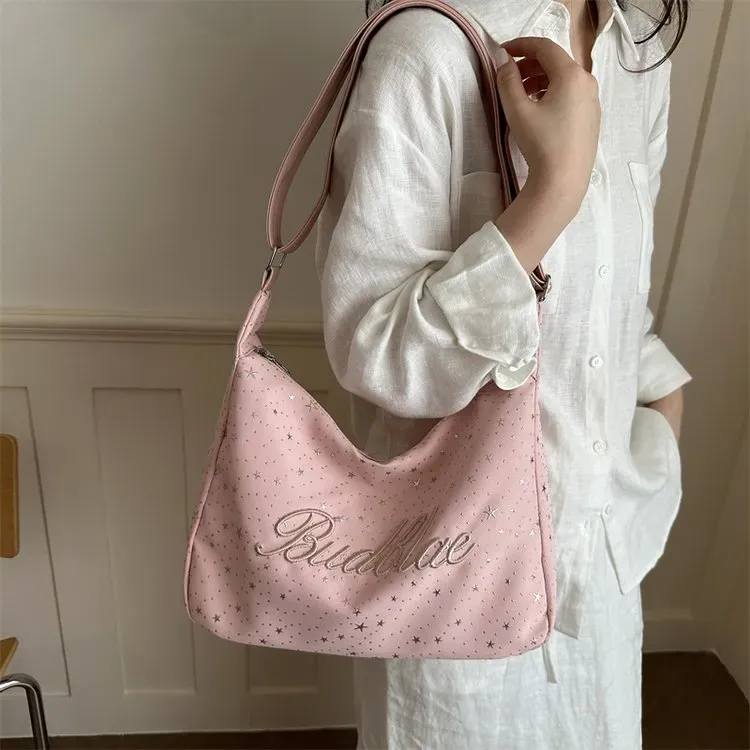 Tas Selempang Wanita Bahan PU Sintetis Motif Bintang Warna Pink Model Hobo Tali Grosir Import