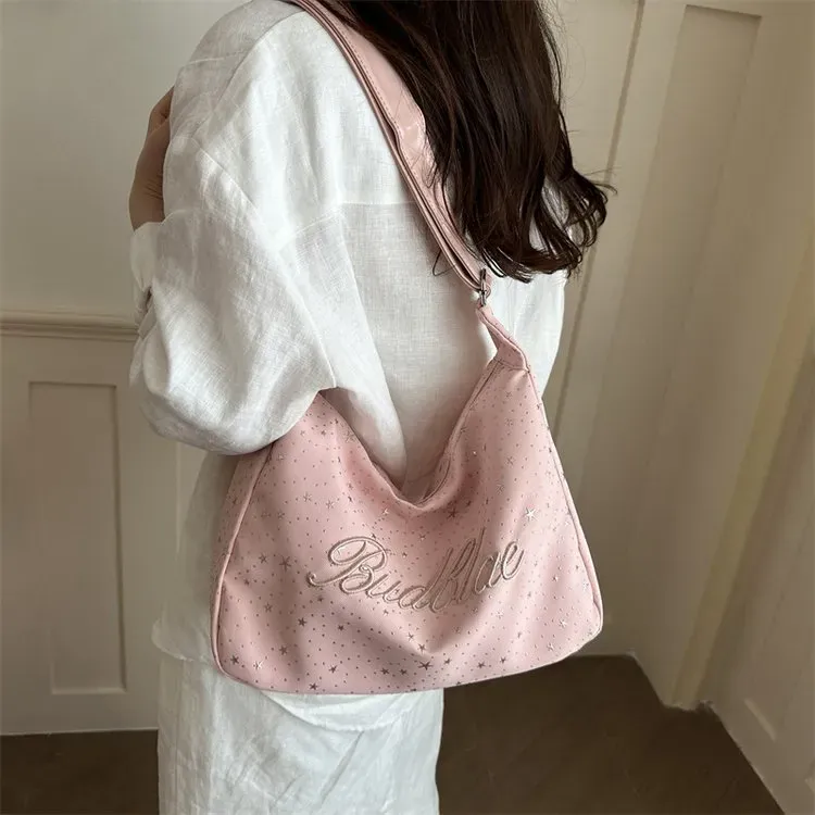 Tas Selempang Wanita Bahan PU Sintetis Motif Bintang Warna Pink Model Hobo Tali Grosir Import