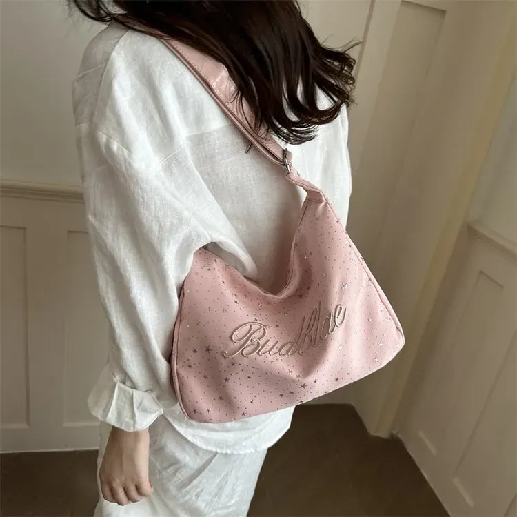 Tas Selempang Wanita Bahan PU Sintetis Motif Bintang Warna Pink Model Hobo Tali Grosir Import