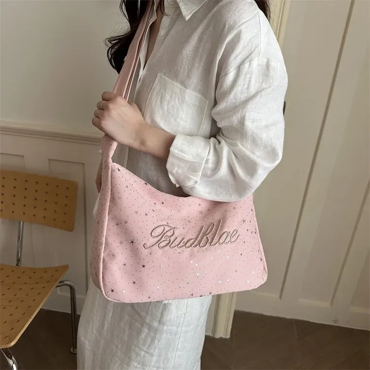 Tas Selempang Wanita Bahan PU Sintetis Motif Bintang Warna Pink Model Hobo Tali Grosir Import