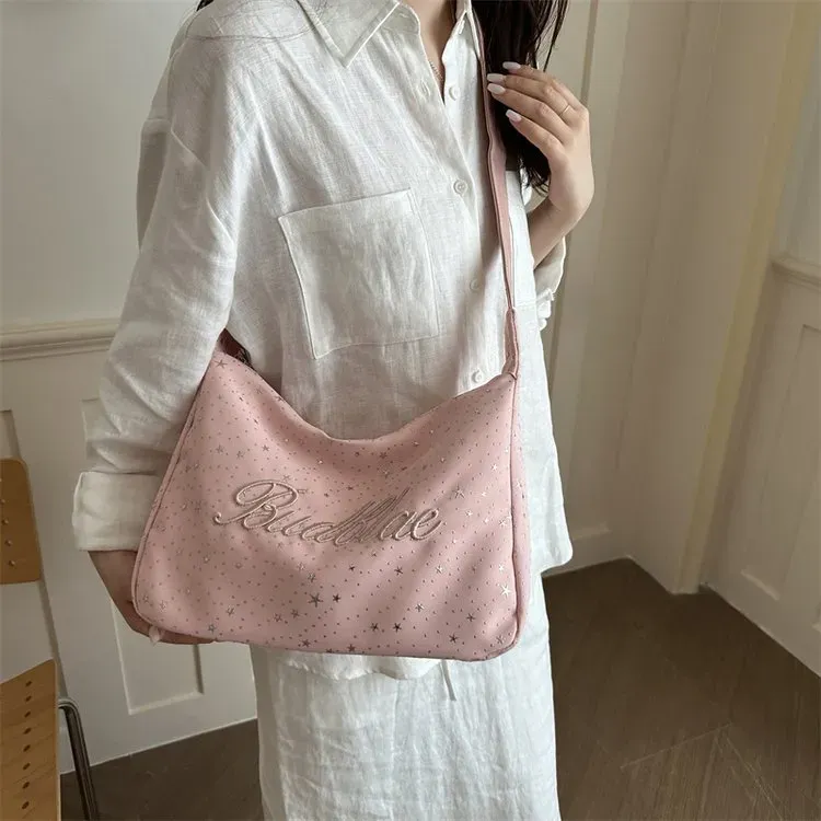 Tas Selempang Wanita Bahan PU Sintetis Motif Bintang Warna Pink Model Hobo Tali Grosir Import