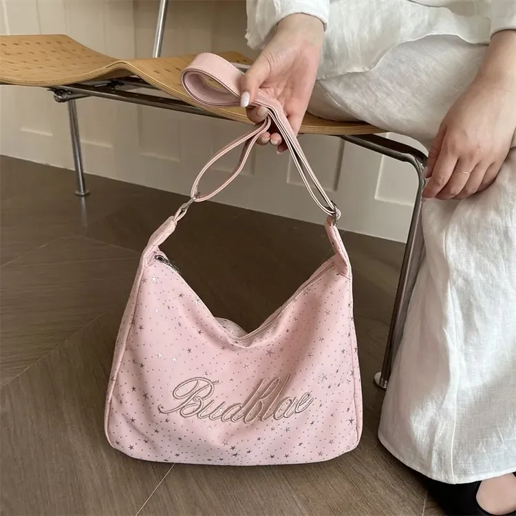 Tas Selempang Wanita Bahan PU Sintetis Motif Bintang Warna Pink Model Hobo Tali Grosir Import