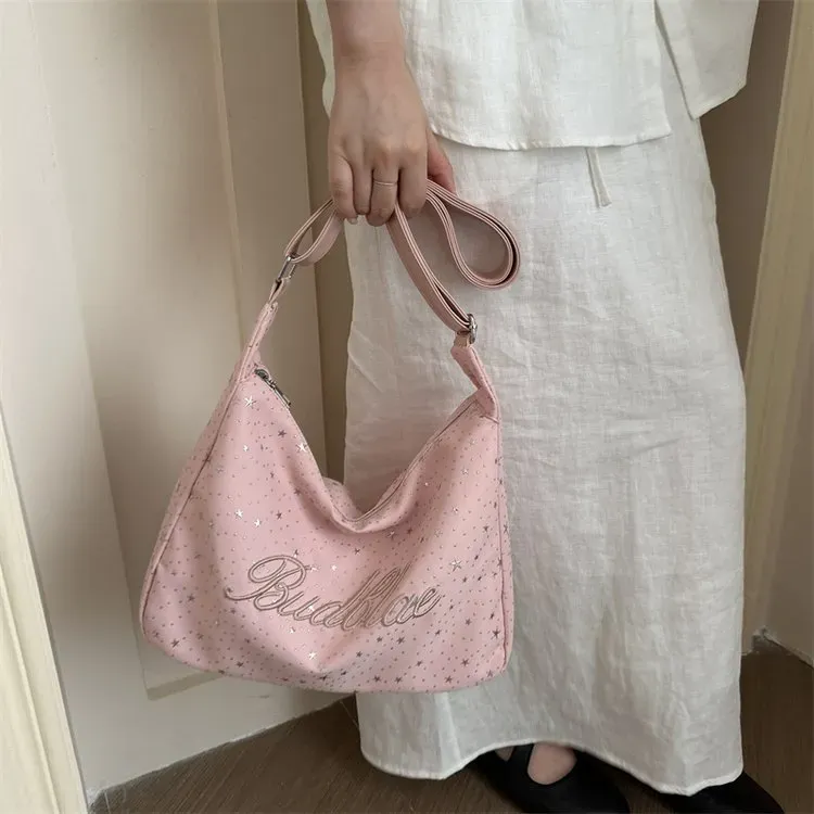 Tas Selempang Wanita Bahan PU Sintetis Motif Bintang Warna Pink Model Hobo Tali Grosir Import