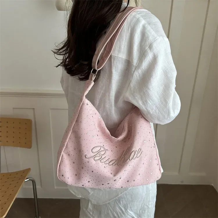 Tas Selempang Wanita Bahan PU Sintetis Motif Bintang Warna Pink Model Hobo Tali Grosir Import