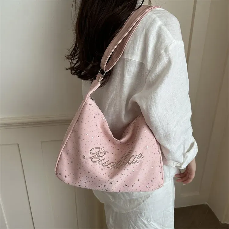 Tas Selempang Wanita Bahan PU Sintetis Motif Bintang Warna Pink Model Hobo Tali Grosir Import