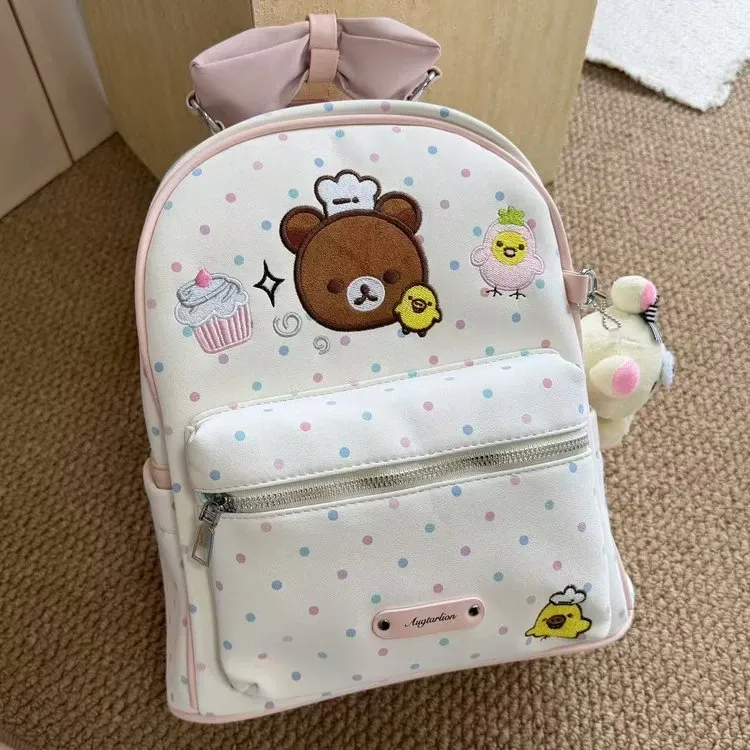 Tas Ransel Anak Bahan Nylon Motif Polkadot Warna Putih Bentuk Kotak Tali Lebar Grosir Import