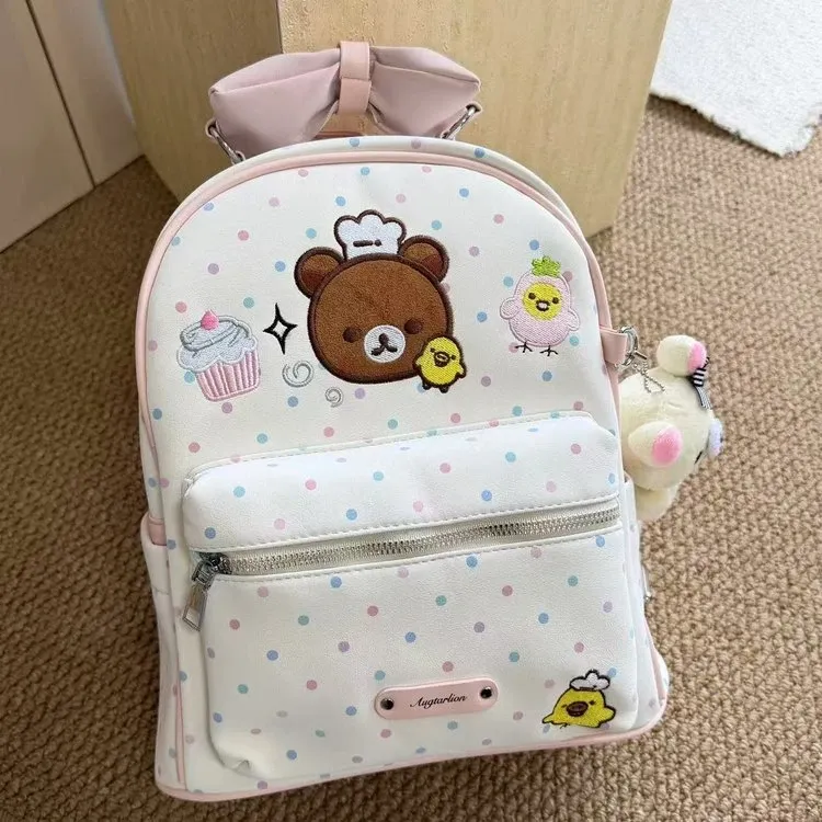 Tas Ransel Anak Bahan Nylon Motif Polkadot Warna Putih Bentuk Kotak Tali Lebar Grosir Import