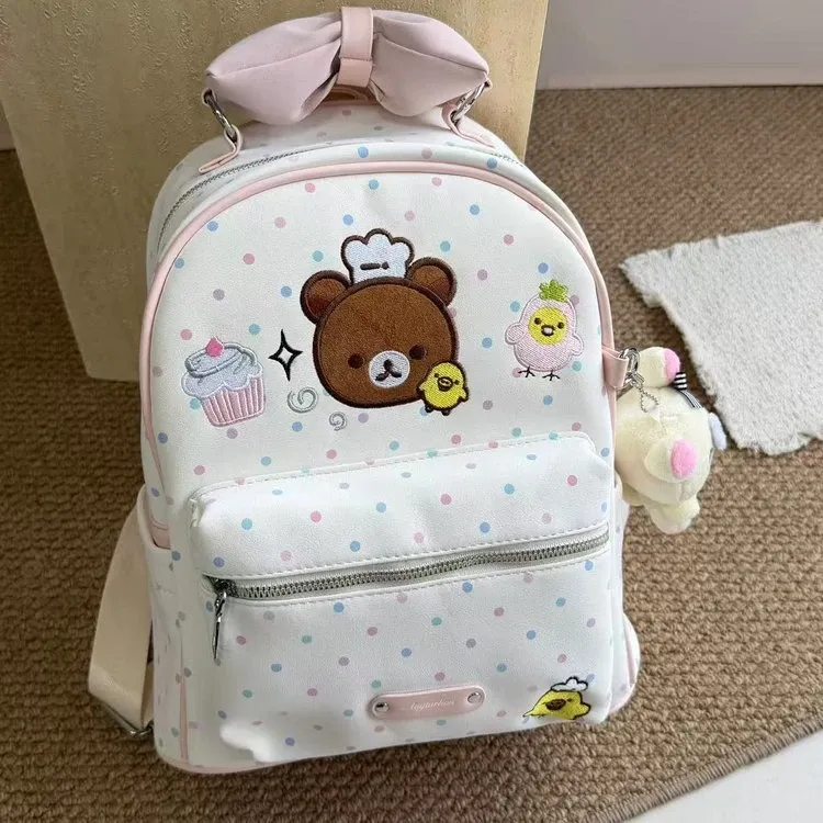 Tas Ransel Anak Bahan Nylon Motif Polkadot Warna Putih Bentuk Kotak Tali Lebar Grosir Import
