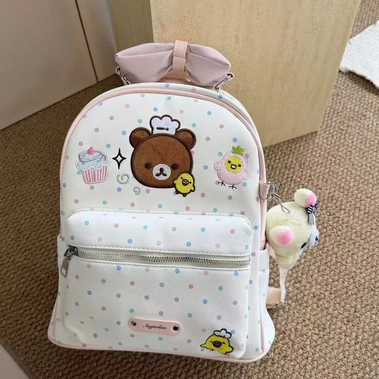Tas Ransel Anak Bahan Nylon Motif Polkadot Warna Putih Bentuk Kotak Tali Lebar Grosir Import