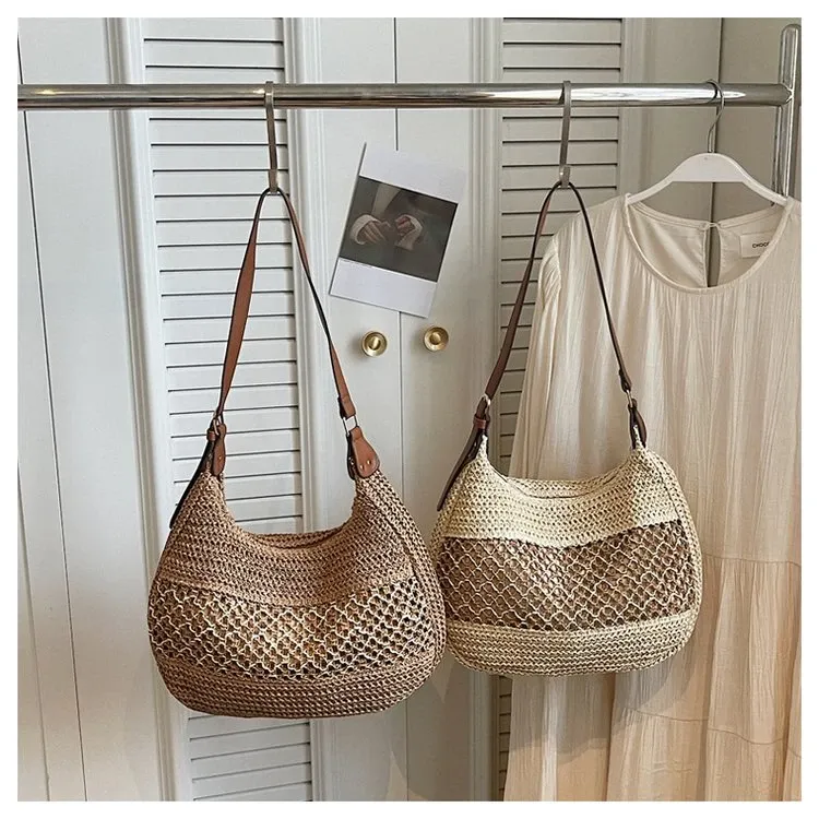Tas Selempang Wanita Bahan PU Sintetis Tekstur Anyam Model Hobo Tali Lebar Grosir Import