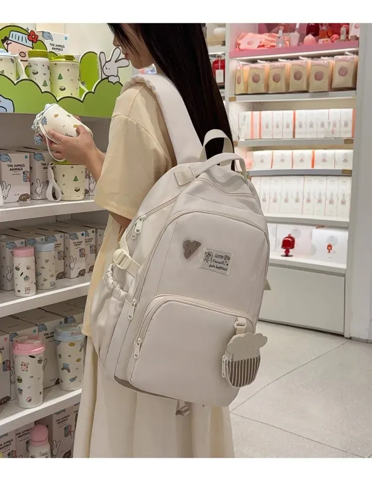 Tas Ransel Wanita Bahan Nylon Polos Warna Putih Bentuk Kotak Tali Lebar Stok China