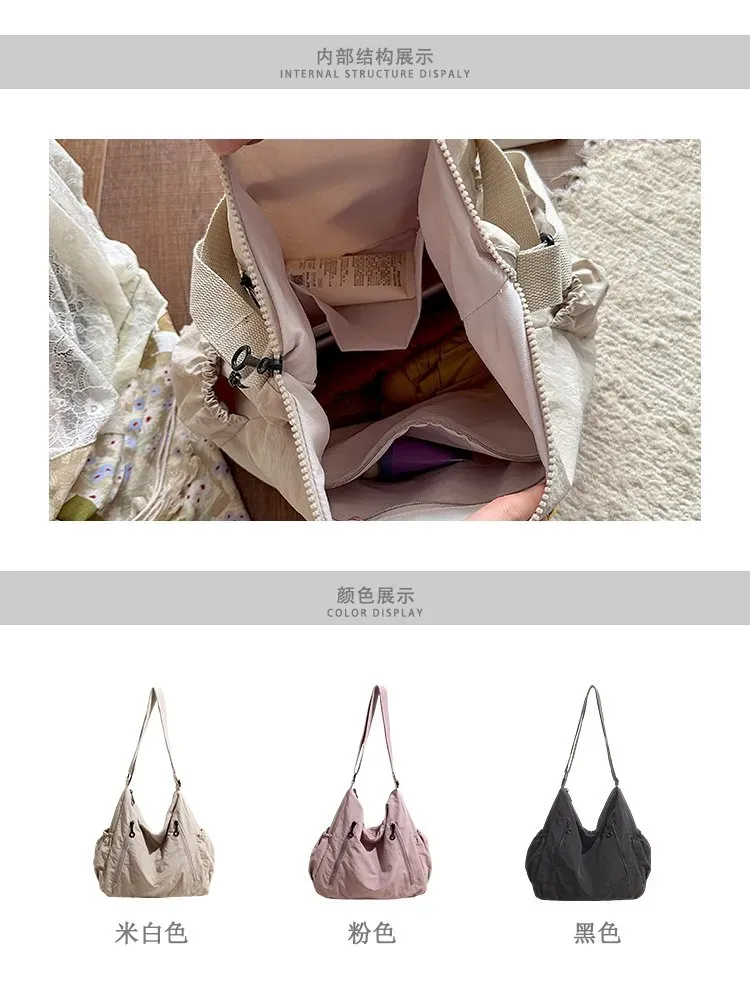 Tas Selempang Wanita Bahan Nylon Polos Warna Hitam Model Hobo Tali Panjang Resleting Grosir