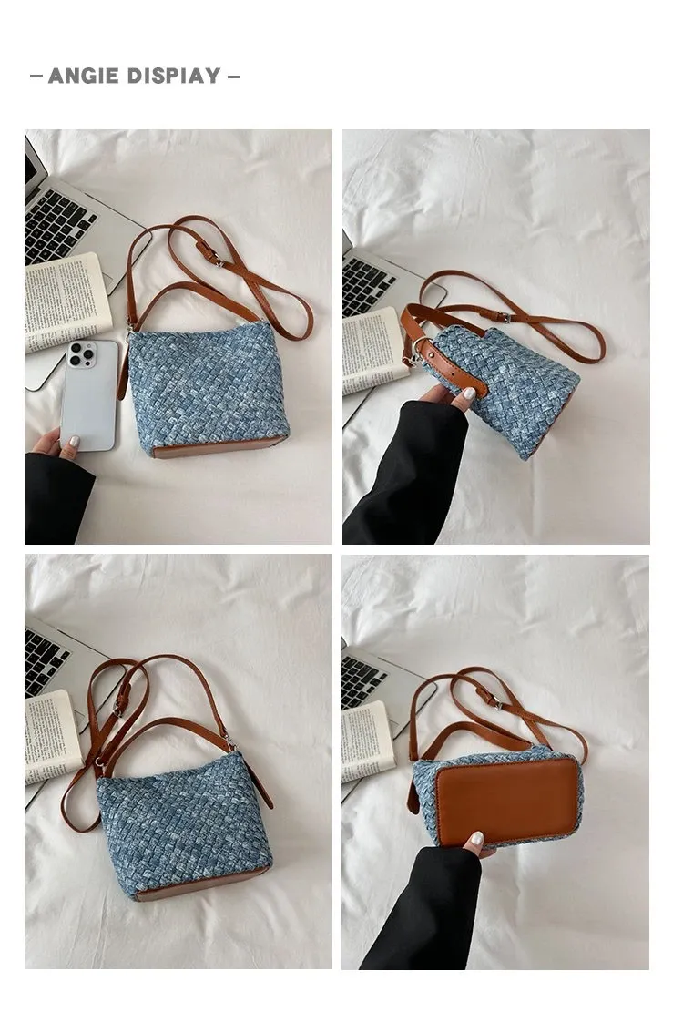 Tas Selempang Wanita Bahan PU Sintetis Tekstur Anyam Warna Biru Bentuk Kotak Grosir Import