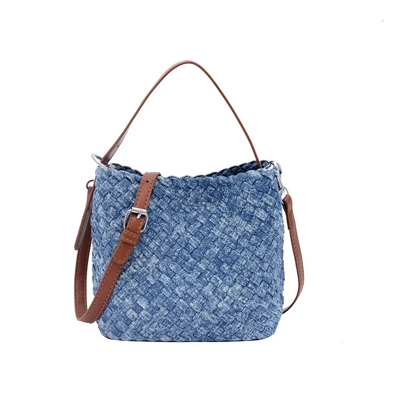 Tas Selempang Wanita Bahan PU Sintetis Tekstur Anyam Warna Biru Bentuk Kotak Grosir Import