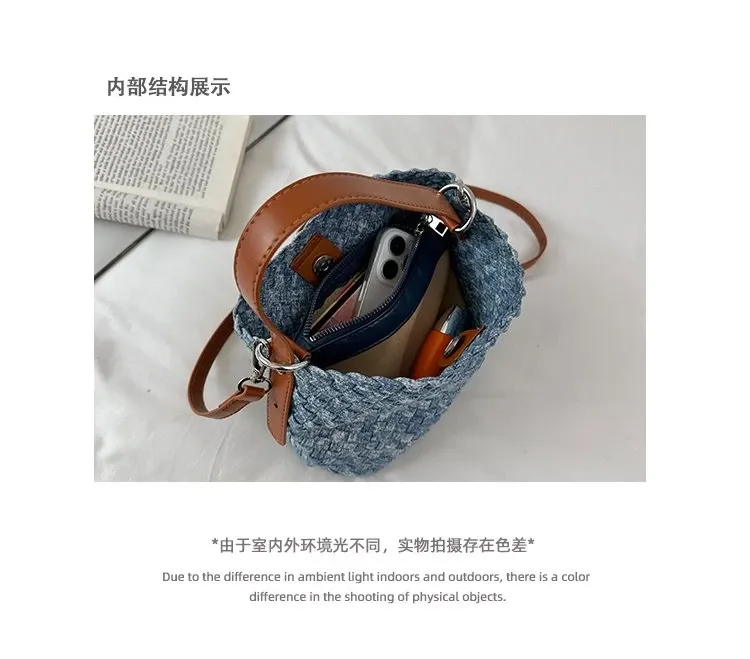 Tas Selempang Wanita Bahan PU Sintetis Tekstur Anyam Warna Biru Bentuk Kotak Grosir Import