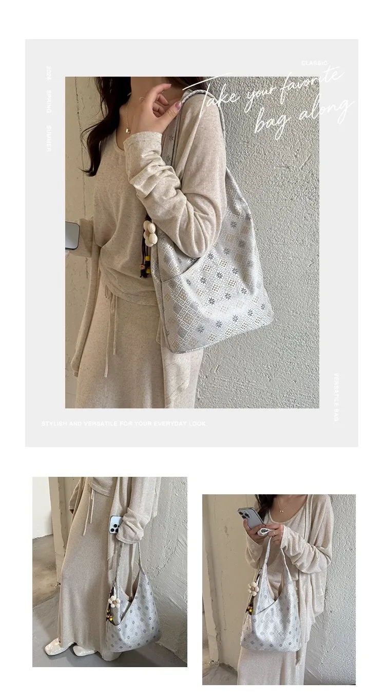 Tas Selempang Wanita Bahan PU Sintetis Motif Print Warna Putih Model Hobo Tali Koleksi Reseller