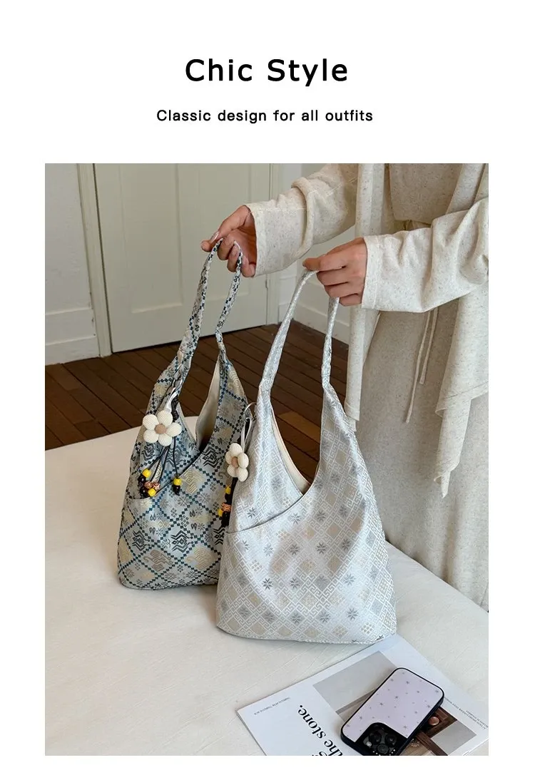 Tas Selempang Wanita Bahan PU Sintetis Motif Print Warna Putih Model Hobo Tali Koleksi Reseller