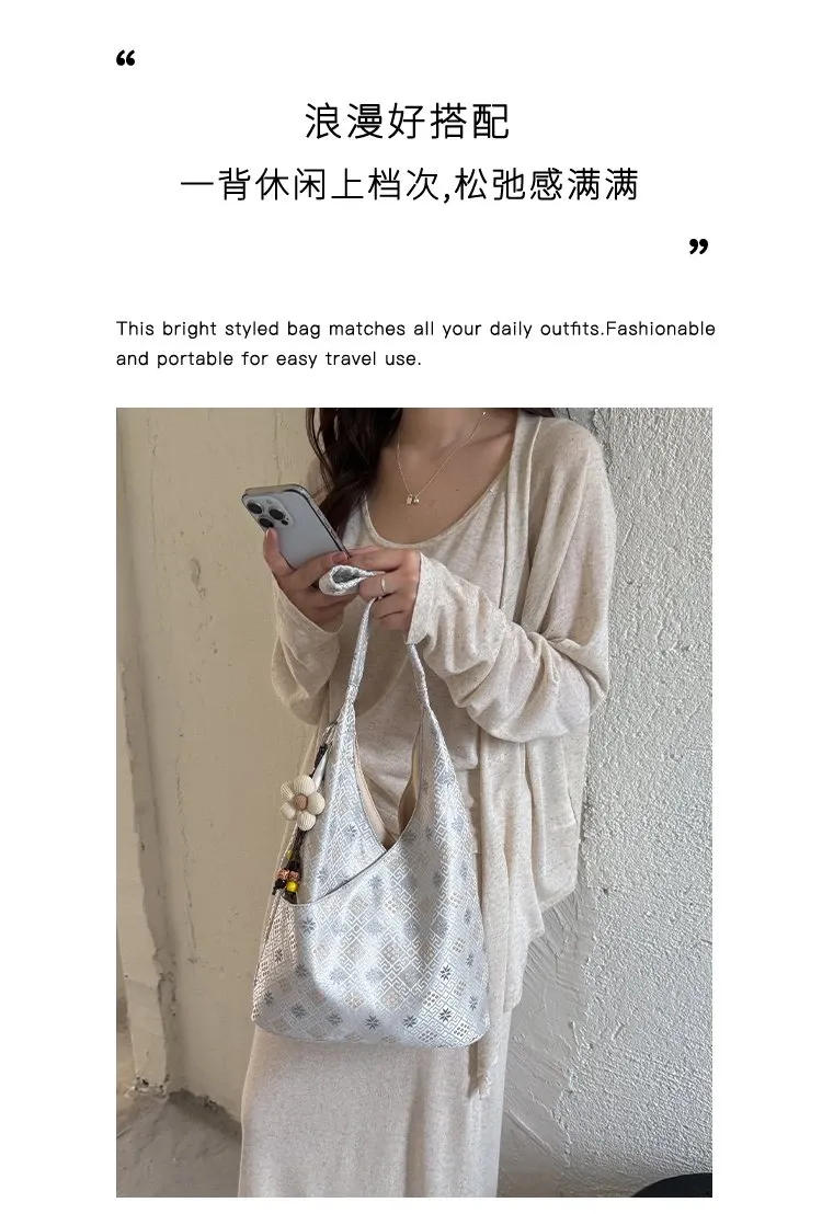Tas Selempang Wanita Bahan PU Sintetis Motif Print Warna Putih Model Hobo Tali Koleksi Reseller