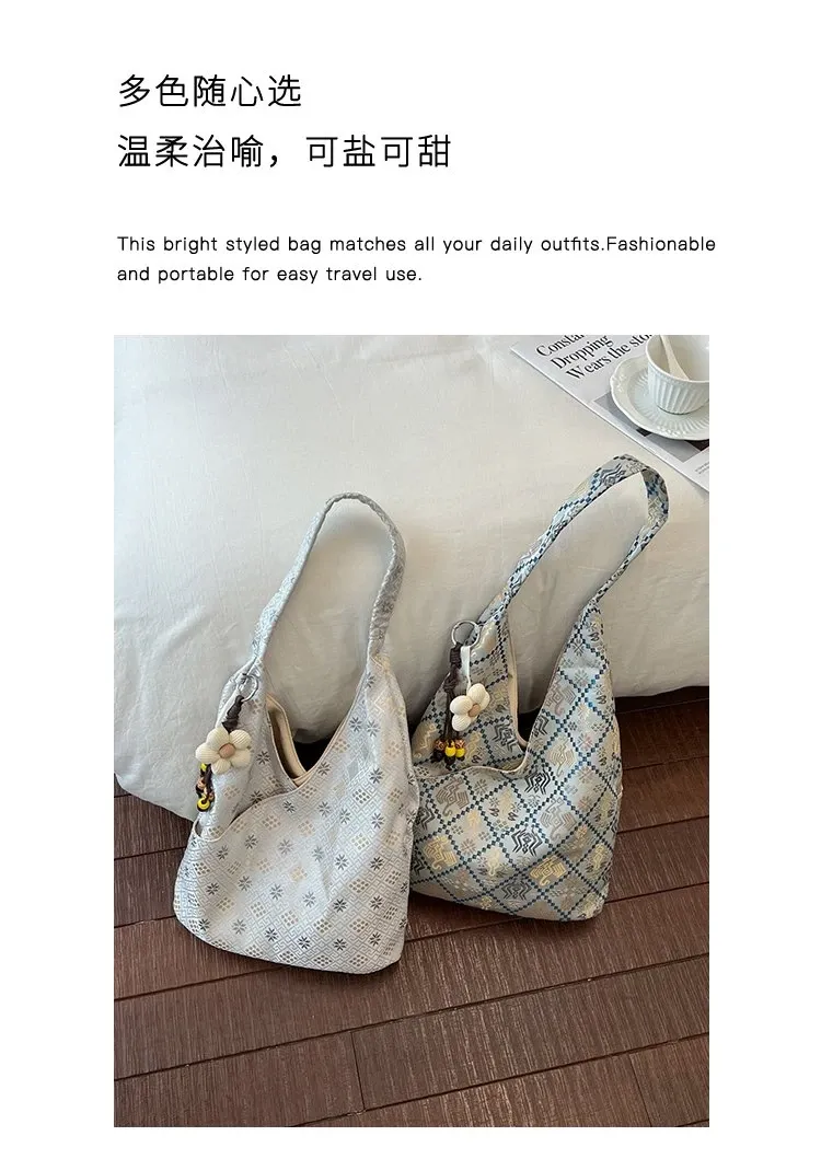 Tas Selempang Wanita Bahan PU Sintetis Motif Print Warna Putih Model Hobo Tali Koleksi Reseller