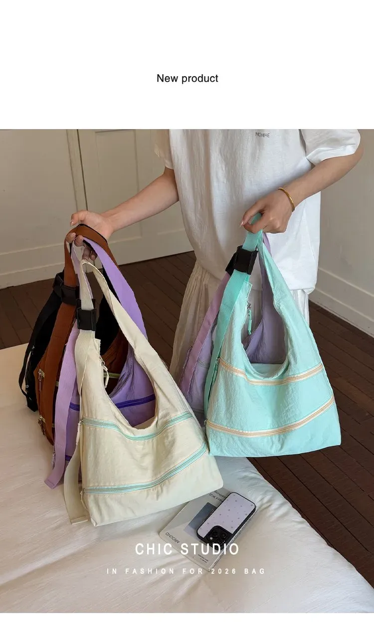Tas Selempang Wanita Bahan Kain Polos Model Hobo Tali Panjang Resleting Grosir Import