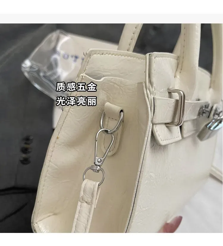 Tas Selempang Wanita Bahan PU Sintetis Polos Warna Putih Bentuk Kotak Tali untuk Reseller